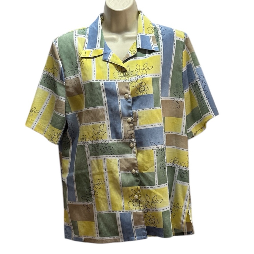 Vintage Allison Daley Women's Colorful Patchwork Button-Up Shirt Short Sleeve